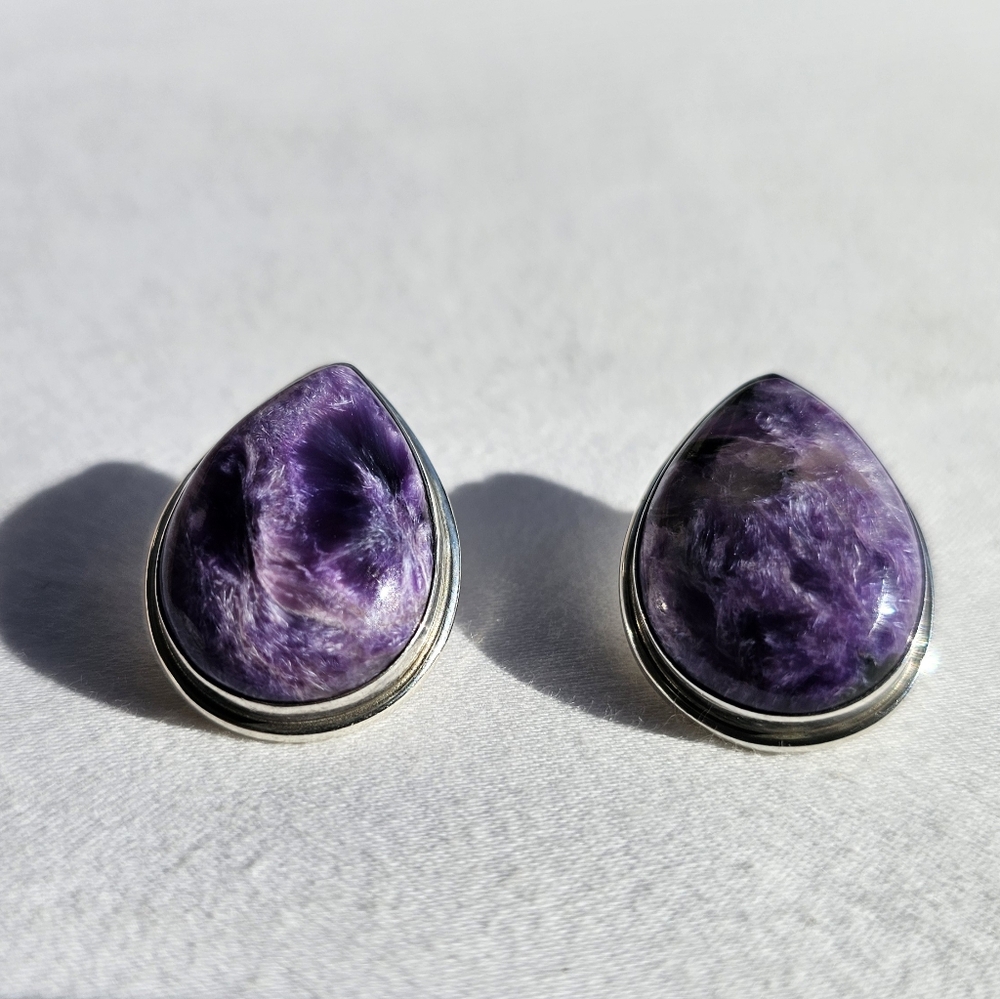 Vintage Sterling Silver Charoite Teardrop Stud Earrings
